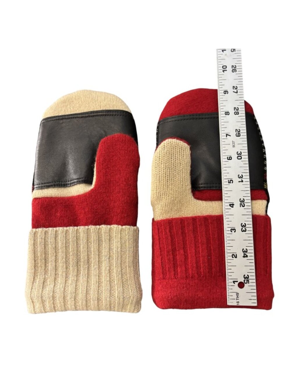 Colorful Wool Acrylic Blend Plaid Mittens W/ Faux Leather Palm & Button Detail - Picture 4 of 5
